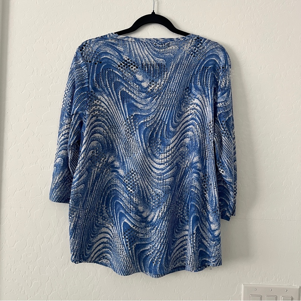 Toni Morgan Blue Swim Cover Open Knit Sheer Top Layering 3/4 Sleeve Large Summer - Picture 2 of 6